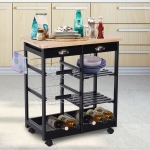 HOMCOM Rolling Kitchen Island Trolley Serving Cart Wheeled Storage Cabinet w/ Basket Shelves and Drawers Black