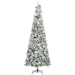 HOMCOM 9 Foot Pencil Snow Flocked Artificial Christmas Tree with 1350 Pine Realistic Branches, Pine Cones, Red Berries, Auto Open, Green