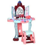 Qaba 31 PCS Kids Vanity Set, Kids Dressing Table Set, Magic Glamour Princess Mirror W/ Beauty Kit, Mirror, Stool, Light & Music, for Ages 3-6, Blue+Pink