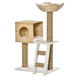 PawHut Cat Tree for Indoor Cats, Kitty Tower Cattail Weave with Cat Condo, Bed, Ladder, Washable Cushions, 22.5" x 14.5" x 39.5", Natural