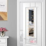 HOMCOM Jewelry Cabinet, Wall Door Mounted Jewelry Armoire with LED Lights, Over The Door Mirror Storage Organizer with Storage Shelves, Drawer, White