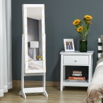 HOMCOM Lighted Mirrored Jewelry Cabinet Floor Free Standing Armoire Organizer Storage Necklaces Bracelets Rings Earrings Angle Adjustable w/16 LED Lights White