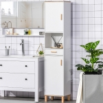 kleankin Bathroom Storage Cabinet with Cupboards and Drawer, Floor Free Standing Linen Tower, Tall Slim Side Organizer Shelves, White