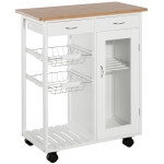 HOMCOM 28" Rolling Kitchen Trolley Serving Cart Storage Cabinet Bamboo Top with Wire Basket & Glass Door & Drawers, White