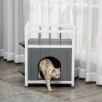 PawHut 2-Story Cat House Wooden Condo for Feral Cats Kitten Shelter with Balcony, Jump Steps, Multiple Entrances, Grey