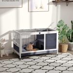 PawHut Wooden Indoor Rabbit Hutch Elevated Cage Habitat with Enclosed Run with Wheels, Ideal for Rabbits and Guinea Pigs, White