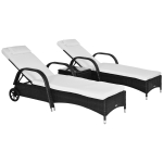 Outsunny 3 Pieces Patio Wicker Chaise Lounge Chair Set, Adjustable Outdoor PE Rattan Cushioned Lounge Set of 2 with Armrests, Side Table & Moving Wheels, Black