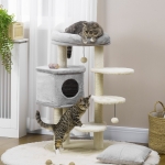 PawHut 37" Cat Tree for Indoor Cats, Cat Tower, Kitty Activity Center with Cat Bed Condo Hanging Ball Toys Sisal Rope Scratching Post, Light Grey