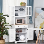 HOMCOM Coastal Style Kitchen Buffet and Hutch Wooden Storage Cupboard with Framed Glass Door LouveredCabinet Drawers Microwave Space for Dining Room Living Room White