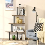 HOMCOM Industrial Bookcase 5-Tier Wooden Ladder Bookshelf Display Stand Organizer for Livingroom Indoor Corner Shelf - Rustic Brown