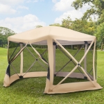 Outsunny 12' x 12' Hexagon Automatic Pop Up Screen Tents Camping Shelter Picnic Canopy Outdoor Sun Shade w/ Mesh Sidewalls and Carry Bag, Beige