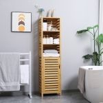 kleankin Tall Bathroom Cabinet with 3 Open Shelves, Slim Bamboo Linen Tower Freestanding Linen Towel with Slatted Door, Natural