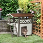 PawHut Outdoor Cat House, 2-Story Shelter for Feral Cats, Wooden Kitten Condo with Asphalt Roof, Stairs, Balcony, 30" x 20" x 29"