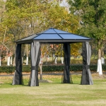 Outsunny 10x10ft Hardtop Gazebo with Aluminum Frame, Polycarbonate Gazebo Canopy with Curtains and Netting