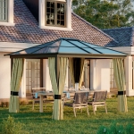 Outsunny 10 x 12ft Garden Outdoor Aluminium Gazebo Hardtop with LED Solar Light Canopy Marquee Party Tent Shelter with Mesh Curtains & Side Walls