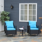 Outsunny 3Pcs Rattan Glider Chairs Set Patio Conversation Furniture w/ Tempered Glass Table and Cushion Blue