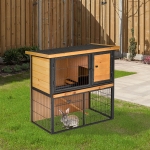 PawHut Wood-metal Rabbit Hutch Elevated Pet House Bunny Cage Small Animal Habitat with Slide-out Tray Asphalt Openable Roof Lockable Door Water-resistant for Outdoor 35.25" x 17.75" x 32" Light Yellow