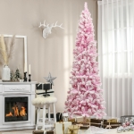 HOMCOM 7.5 Foot Snow Flocked Artificial Christmas Tree Pencil Xmas Tree with 800 Realistic Branches, Auto Open and Steel Base, Pink