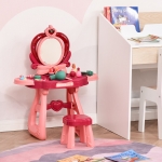 Qaba 36 Pcs Children Vanity Musical Dressing Table Kids Magic Glamour Princess Mirror Make Up Desk With Stool Beauty Kit Lights Pretend Toy for 3 Years Old Wine Red+Pink