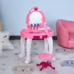 Qaba Children Dressing Table Set Girls Pretend Princess Vanity Table Chair with Music Lightening Cosmetic Mirror Hair Dryer Nail Polish Necklace Bracelet Pink