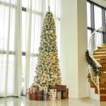 HOMCOM 9ft Prelit Artificial Snow Flocked Pencil Christmas Tree, Slim Xmas Tree with Warm White LED Light, Holiday Home Xmas Decoration, Green