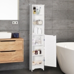 HOMCOM Tall Bathroom Storage Cabinet, Freestanding Linen Tower with 3-Tier Open Adjustable Shelf and Cupboard, White