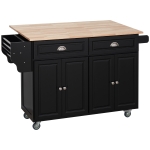 HOMCOM Rolling Kitchen Island on Wheels Utility Cart with Drop-Leaf and Rubber Wood Countertop, Storage Drawers, Door Cabinets, Black