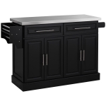 HOMCOM Rolling Kitchen Island with Storage, Portable Kitchen Cart with Stainless Steel Top, 2 Drawers, Spice, Knife and Towel Rack and Cabinets, Black