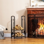 HOMCOM 16" 2-Tier Firewood Log Rack with 4 Tools, Fireplace Wood Storage Holder with Shovel, Broom, Poker, Tongs and Hooks, Black