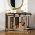 PawHut Dog Crate Furniture with Divider Panel, Wooden Dog Kennel TV Stand for Large Dogs, Pet House Side Table for 2 Small Dogs with Two Rooms Design, 2 Sliding Doors, Oak
