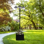 Outsunny 3-head LED Solar Light Lamp Street Light Post with Planter, Applicable Batteries Included, Black