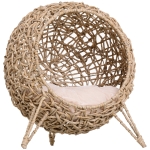 PawHut 20.5" Rattan Cat Bed, Elevated Wicker Kitten House Round Condo with Cushion, Natural