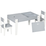 Qaba 3 Pcs Kids Table and Chair Set with Storage Under Tabletop, Activity Table and 2 Chairs, Kids Drawing Table for Playroom Furniture, Grey