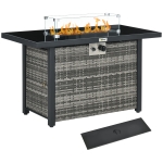 Outsunny Propane Fire Pit Table 43" Outdoor Fire Table, 50,000 BTU Pulse-Ignition Wicker Firepit Furniture with Glass Wind Guard, Blue Glass Rock, CSA Certification, Grey