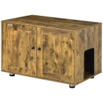 PawHut Hidden Cat Litter Box Enclosure, Cat Washroom Storage Bench Side End Table with Double Doors, Adjustable Feet, Rustic Brown