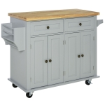 HOMCOM Kitchen Island with Storage, Rolling Trolley Cart with Rubber Wood Top, Spice Rack, Towel Rack, Grey