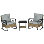 Outsunny 3 Pcs Outdoor PE Rattan Rocking Chair Set, Bistro Set with Two-tier Table, Padded Cushions for Garden, Grey