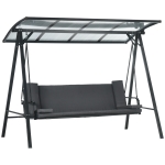 Outsunny 3-Seat Patio Swing Chair, Convertible Swing Hammock Bed with Cushions, Adjustable Polycarbonate Canopy Sunshade Roof for Porch, Garden, Backyard, Gray