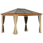 Outsunny 10' x 12' Hardtop Polycarbonate Gazebo Canopy Aluminum Frame Pergola w/ Netting and Sidewalls for Garden, Patio, Khaki