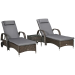 Outsunny 3 Pieces Wicker Patio Lounger Set with Table, PE Rattan Outdoor Lounge Chair Set with Cushions, Wheels, 5-Level Reclining Backrest, Headrest, Brown/Dark Grey