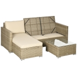 Outsunny 3 Piece Sectional Patio Furniture Set, Outdoor Wicker Rattan Sofa Couch with Table, Storage, 52.75"x30"x29.5", Khaki