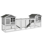 PawHut 102" 2 in 1 Wooden Rabbit Hutch, Double Main House Pet Playpen, Large Bunny House Enclosure for Indoor/Outdoor with 2 Run Boxes, No Leak Tray, and Ramp, for Guinea Pig and Small Animals, Gray