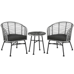 Outsunny 3 Piece Patio Bistro Set, PE Rattan with Cushioned Barrel Chairs & Glass Coffee Table, Conversation Set, Mixed Gray
