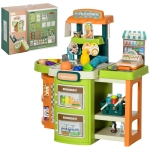 Qaba 58Pcs Grocery Store Pretend Play Kids Trolley with Cash Register Stand, Foldable Play Store for Kids with Scanner, Play Food Vegetable, Extra Storage for Boys and Girls Ages 3-6 Years Old
