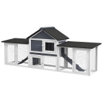 PawHut Outdoor Rabbit House 83" 2 Story Deluxe XL Wooden Rabbit Hutch, Big Bunny Cage w/ Ladder and Run, Dark Gray