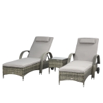 Outsunny Patio Rattan Lounge Set, Wheeled Wicker Chaise Lounge Chair and Table with Tempered Glass Top, Mixed Grey
