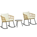 Outsunny Wicker Outdoor Rocking Chair Set, 3 Piece Patio Bistro Set with 2 Porch Rocker Chairs, Glass Top Coffee Table and Cushions, Patio Conversation Set for Balcony, Backyard, Cream White