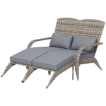 Outsunny Wicker Adirondack Chair for 2 with Cushions & Footrests, PE Rattan Double Chaise Lounge Chair, Fire Pit Chair for Porch with Wide Armrests, High-back, Gray