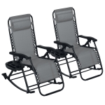 Outsunny 2 Outdoor Rocking Chairs Foldable Reclining Zero Gravity Lounge Rockers w/ Pillow Cup & Phone Holder, Gray