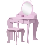 Qaba Makeup Vanity with Mirror and Stool, Cat Design, Drawer, Storage Boxes, for 3-6 Years Old, Pink